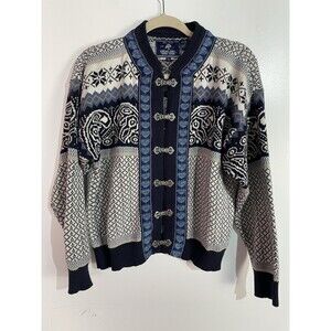 Vtg Northern Sweater Cardigan M Blue Metal Clasp Christmas Snowflake Nordic